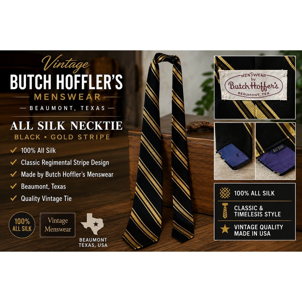 Butch Hoffler's Menswear Vintage Silk Necktie Black Gold Regimental Stripe USA